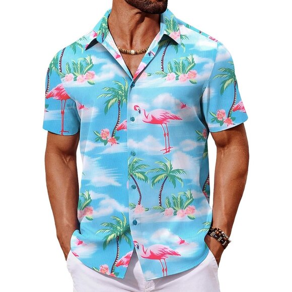 Men's Hawaiian Shirt Blue Flamingo Palm Tree Print Short Sleeve Button Up Casual - Picture 1 of 6